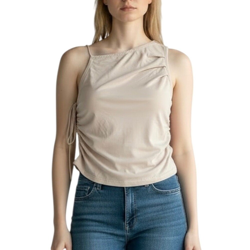 Threetimes Korean Brand Ruched Sides Tie Tank Top Size S Beige